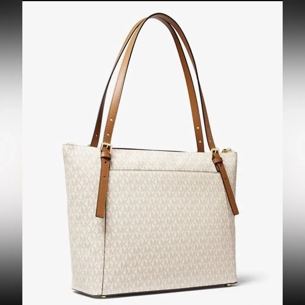 NWOT Michael Kors Ciara Vanilla & Tan Large TZ Tote Leather Bag Top Zip Logo - Picture 3 of 8